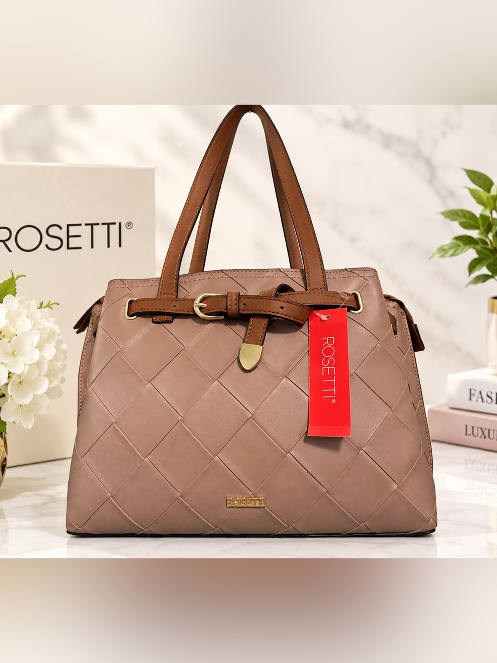 Rosetti Woven Faux Leather Tote Shoulder Bag Taupe Brown Gold Hardware-NWT